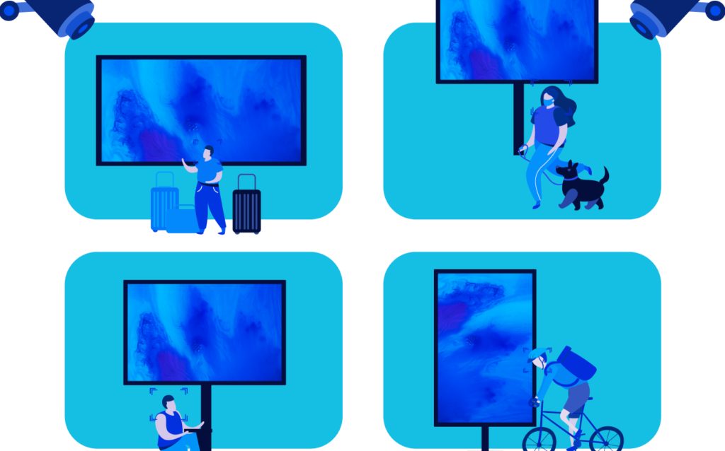 Pantalla DOOH con cámaras midiendo audiencia y tráfico en tiempo real mediante inteligencia artificial