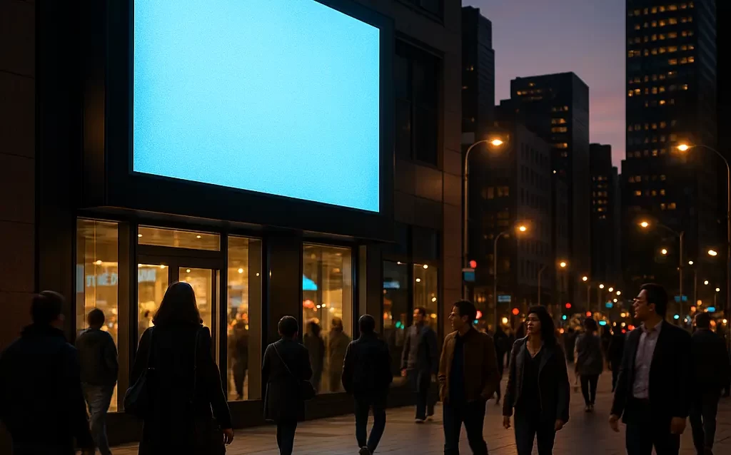 Pantalla LED publicitaria en zona urbana con peatones al atardecer.