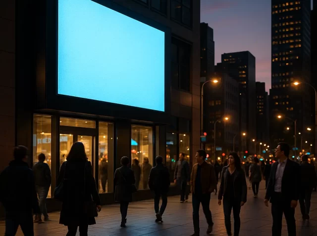 Pantalla LED publicitaria en zona urbana con peatones al atardecer.
