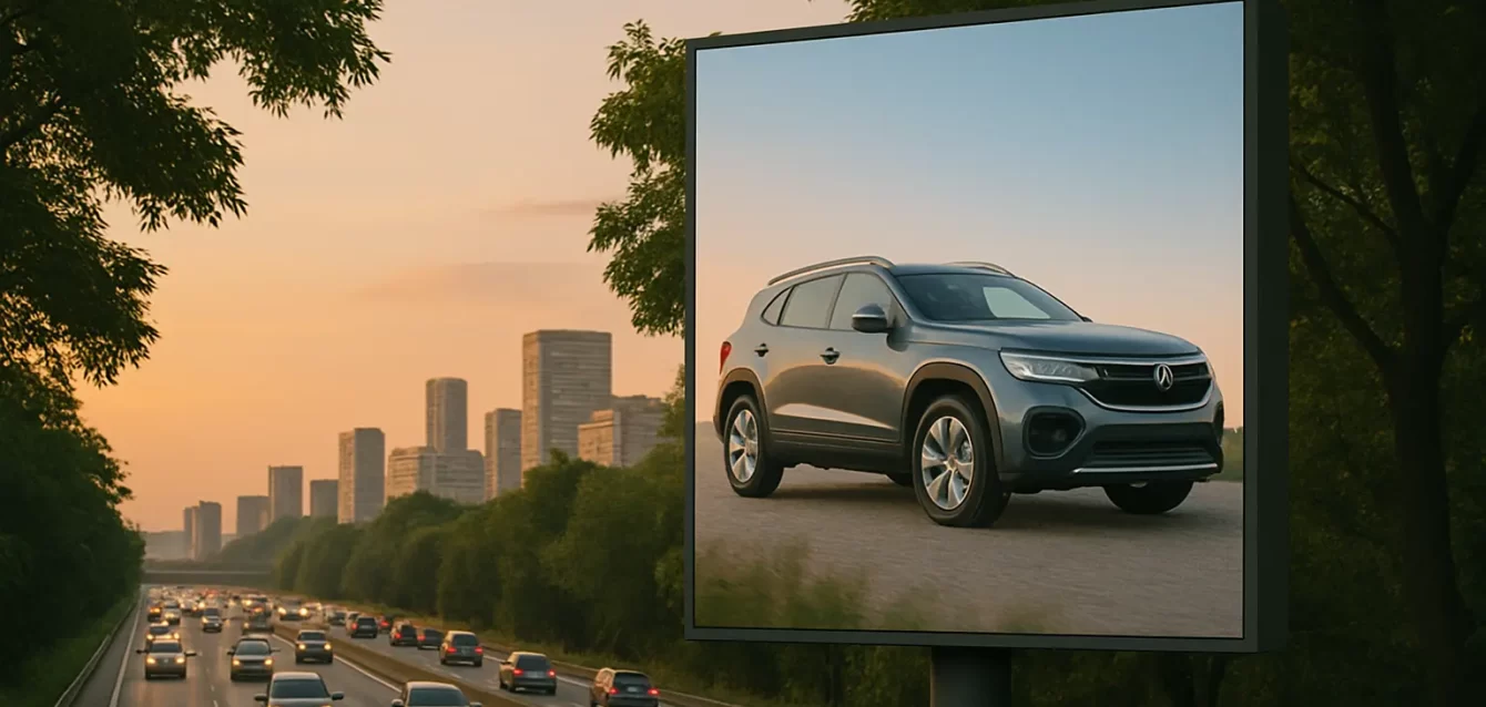 Una cartelera digital al costado de una autopista transitada en Latinoamérica, con pantalla LED vibrante, autos pasando, skyline urbano de fondo y luz de atardecer.