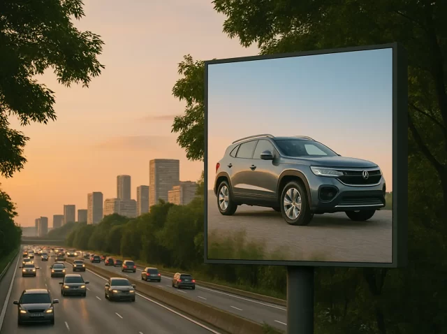 Una cartelera digital al costado de una autopista transitada en Latinoamérica, con pantalla LED vibrante, autos pasando, skyline urbano de fondo y luz de atardecer.