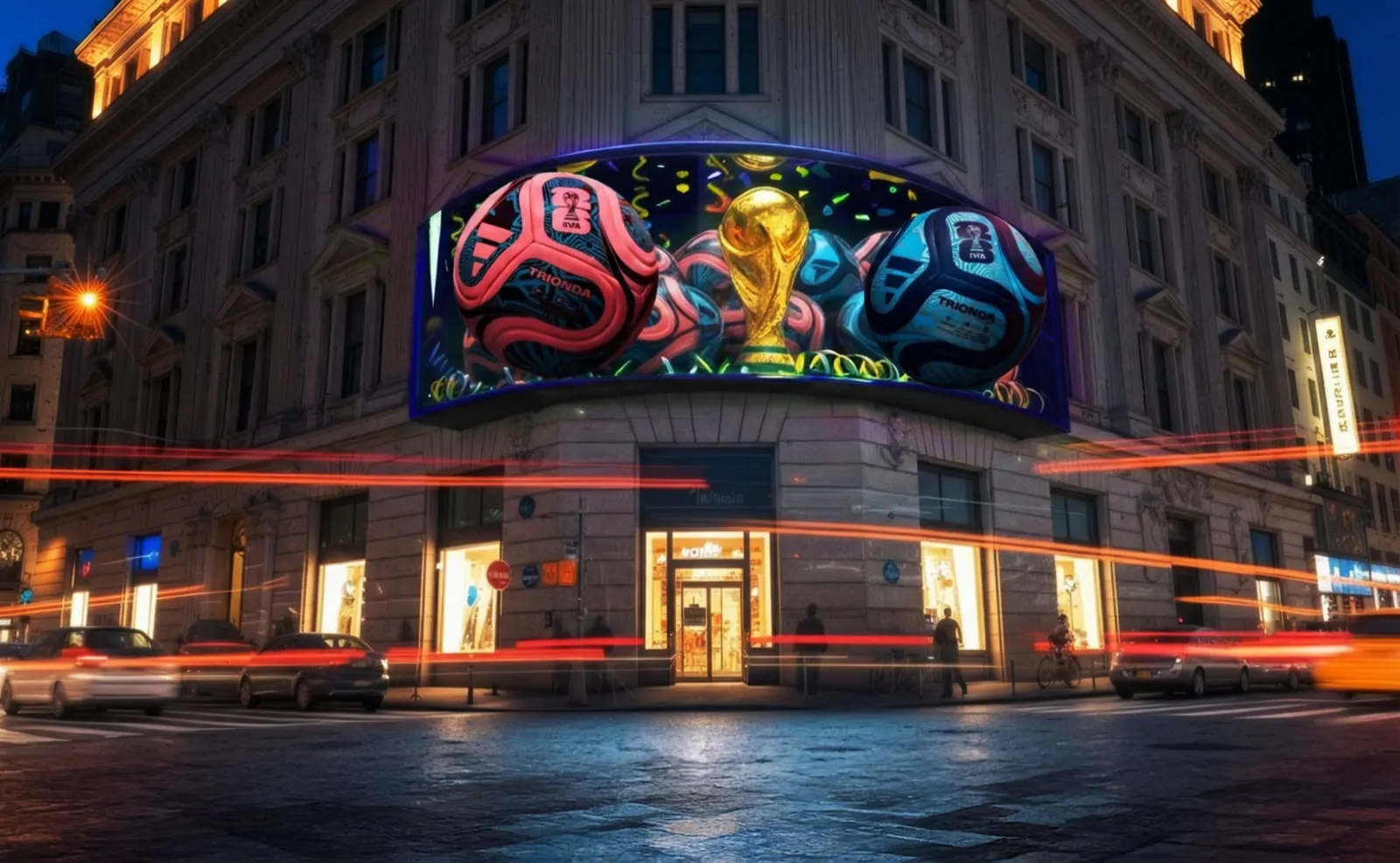 Pantalla anamórfica 3D con pelotas del Mundial en un edificio
